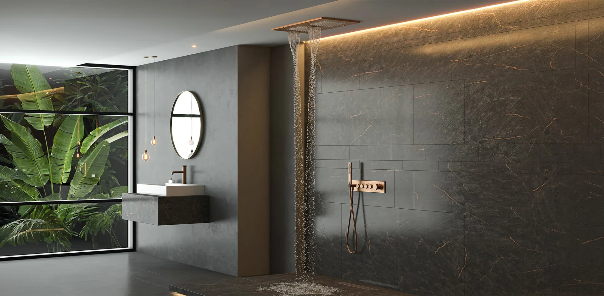 TESKA tepe duşu, el duşu ve lavabo bataryasıyla koyu taş yüzeyli banyo